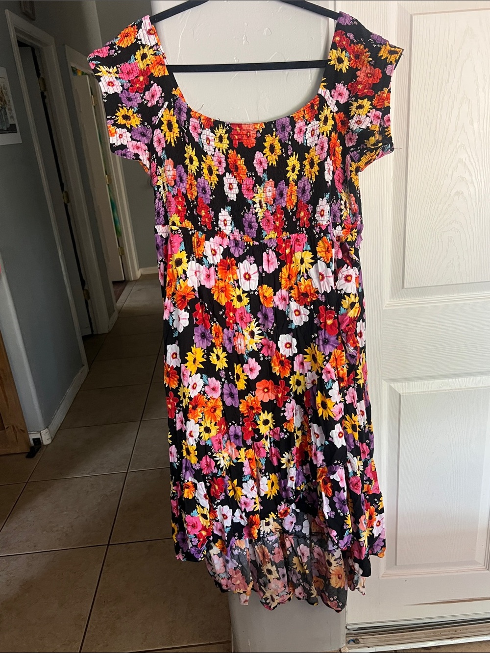 torrid Black Floral High-Low Dress with Yellow, Pink, Orange & Purple Flowers